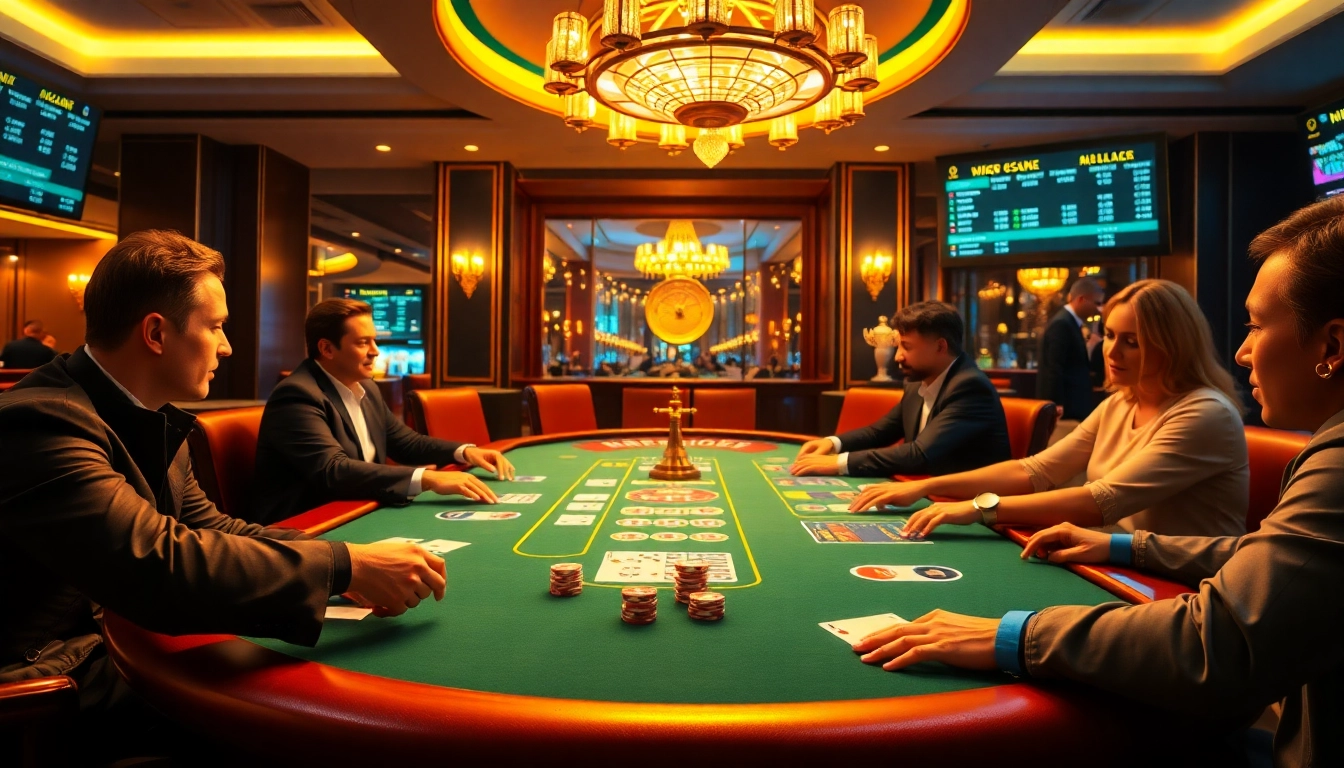Players enjoying a thrilling poker game at MM OO casino, surrounded by vibrant chips and elegant décor.
