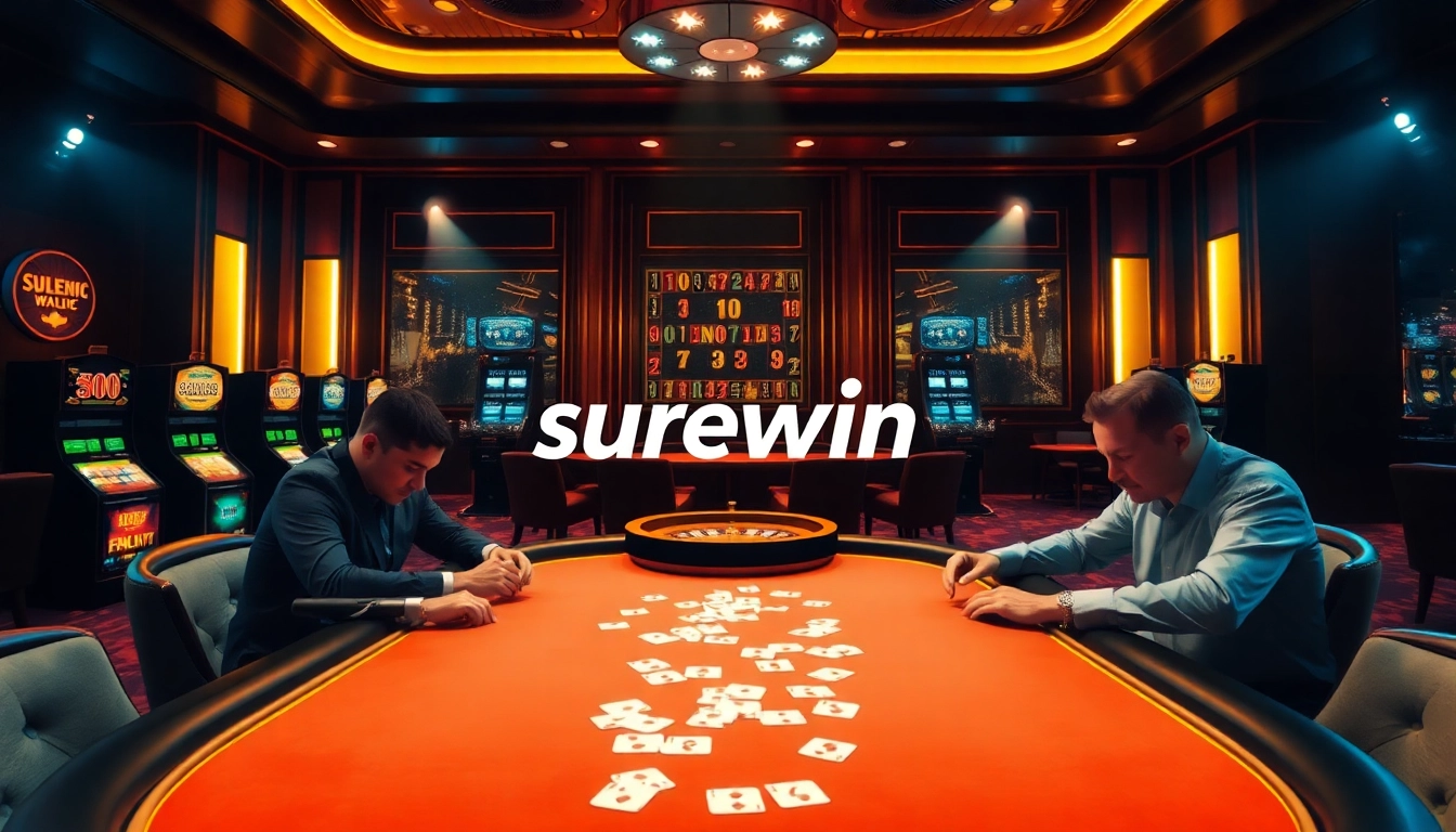 surewin logo featured at a professional poker table in an elegant casino setting