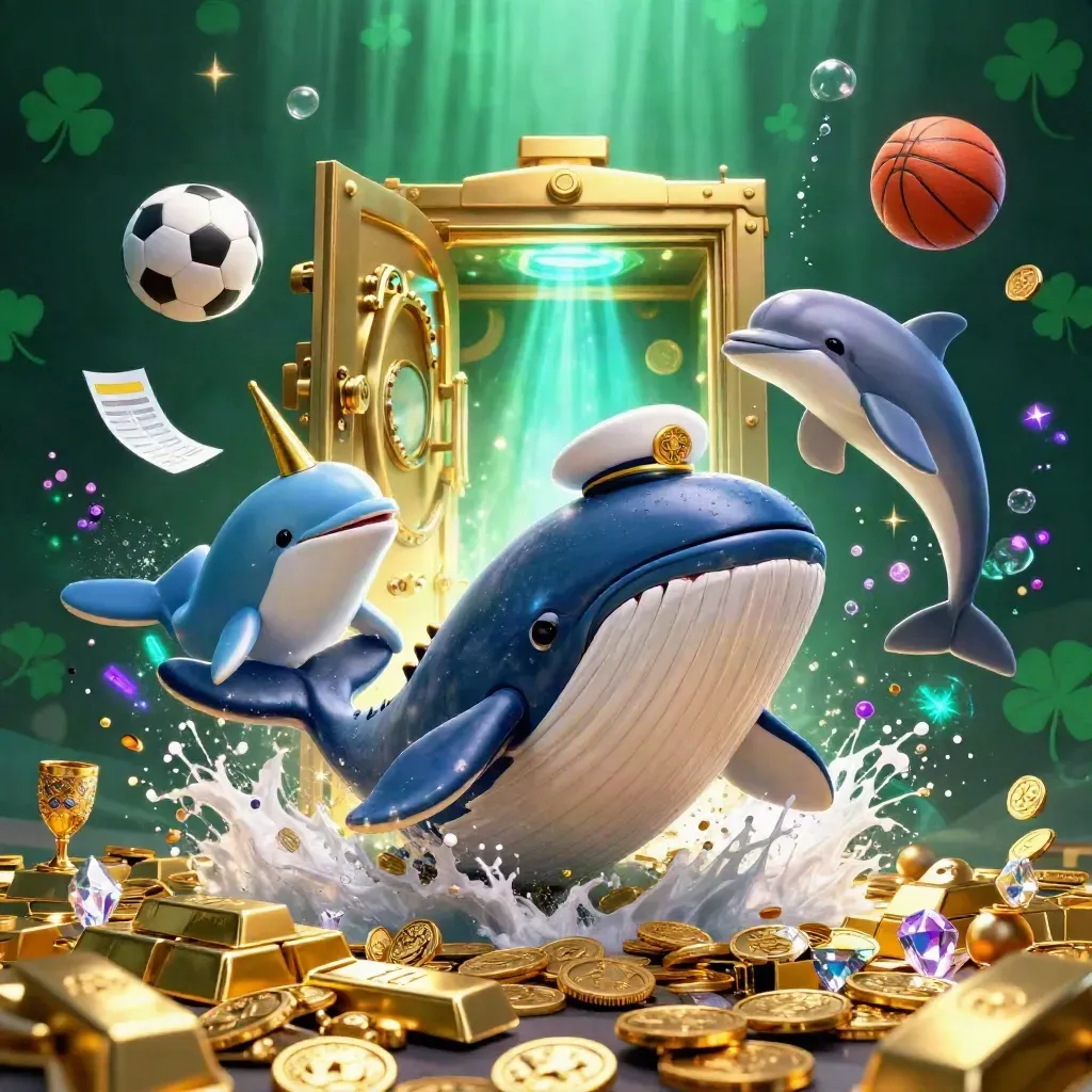 Cartoon whale, narwhal, dolphins, gold vault, coins, gems, and balls in a neon casino splash scene.