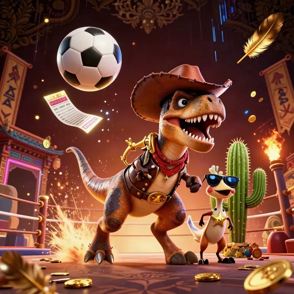 Cowboy T-Rex, cactus and roadrunner in a premium casino-style sports burst with balls and gold effects.