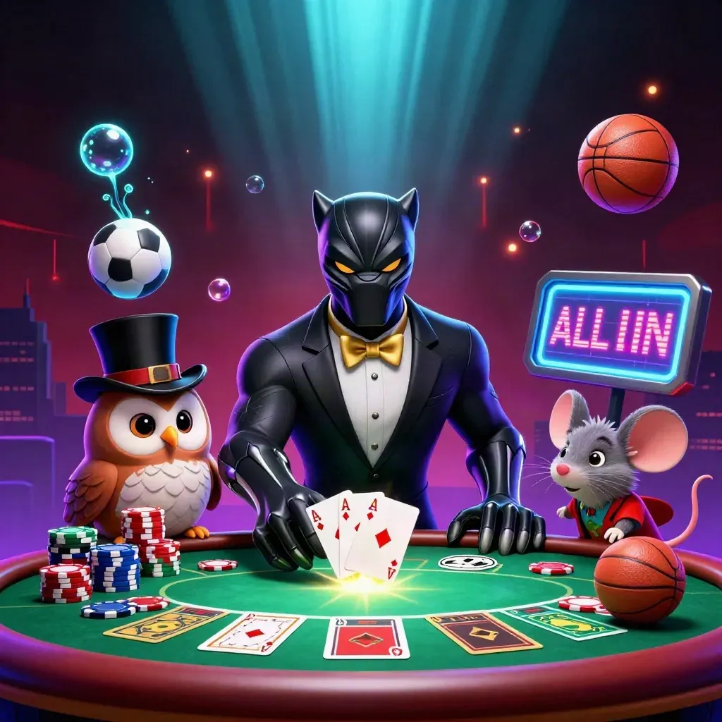 Panther, owl, and mouse crowd a luxe casino table with chips, cards, and neon glow.