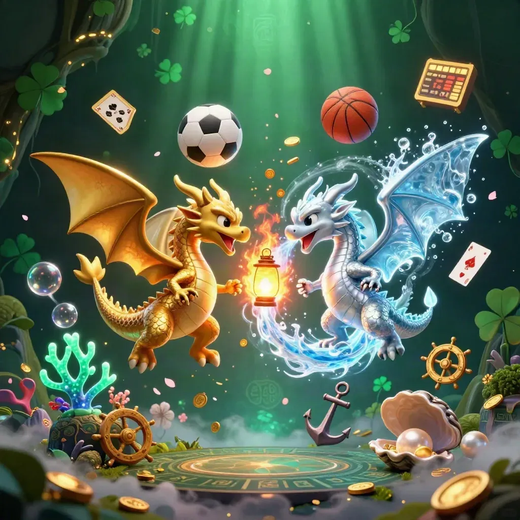 Gold and silver dragons spiral in a treasure cove with cards, coral, coins and magical light.