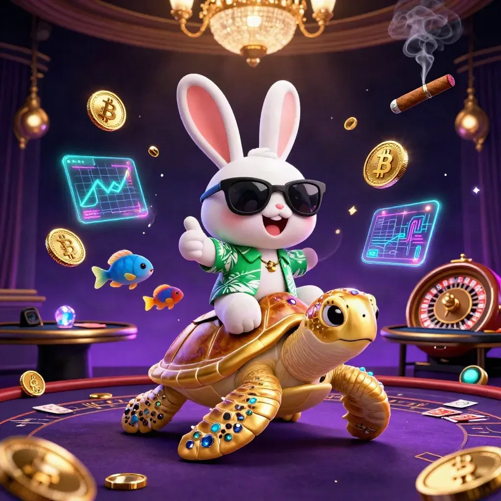 Lucky rabbit rides jeweled sea turtle amid neon coins, casino lights, and purple-gold smoke.