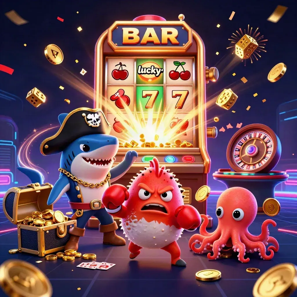 Pirate shark, pufferfish, and octopus amid casino lights, slot burst, coins, dice, and gold.
