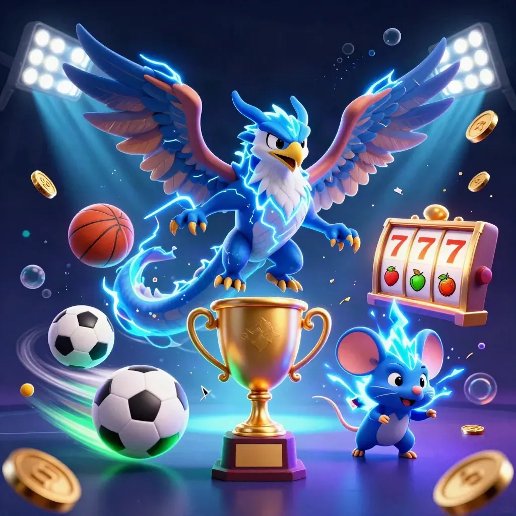 Thunder dragon, wind hawk, and static mouse amid coins, balls, and neon casino lightning.