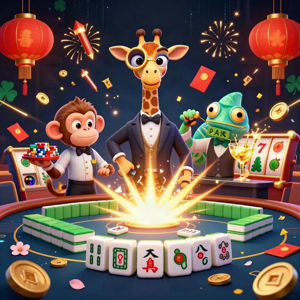 High-roller giraffe, monkey valet, and chameleon bartender amid gold casino treasures and neon bursts