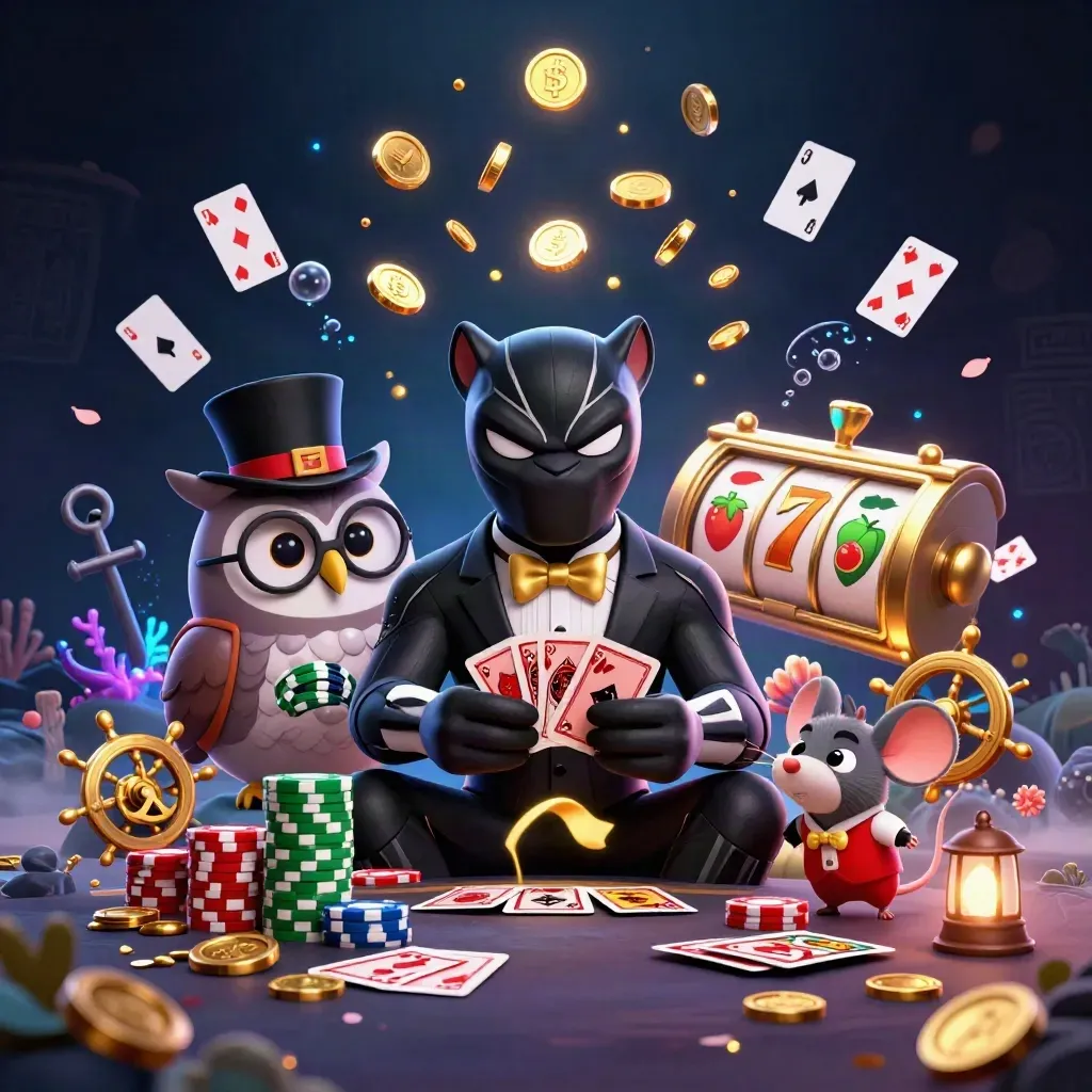 Panther, owl, and mouse amid casino treasure, cards, reels, and glowing underwater effects.