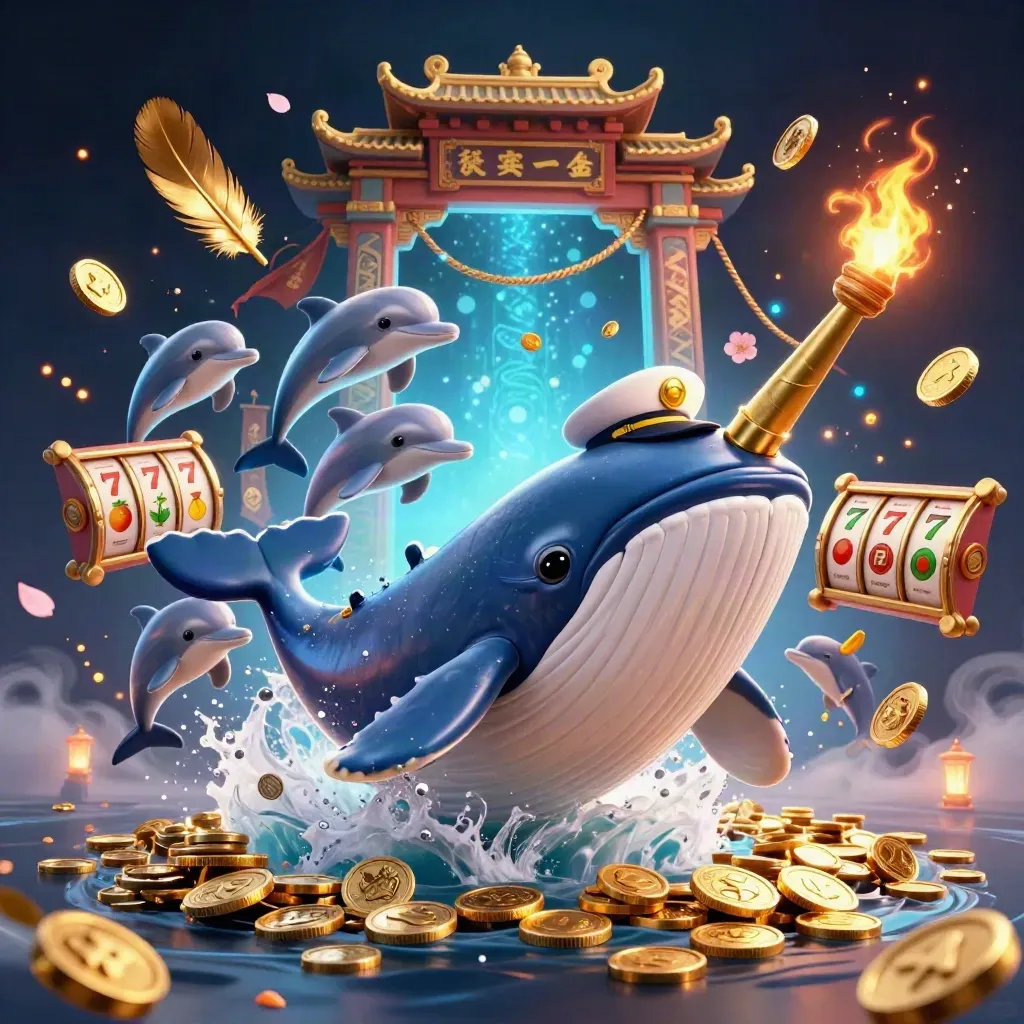 Whale captain, narwhal and dolphins burst from coins in a navy-gold casino fantasy.