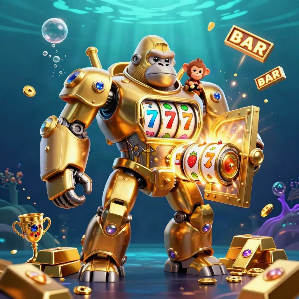 Golden gorilla slot-mech with monkey pilot, vault burst, gold and gems underwater glow.
