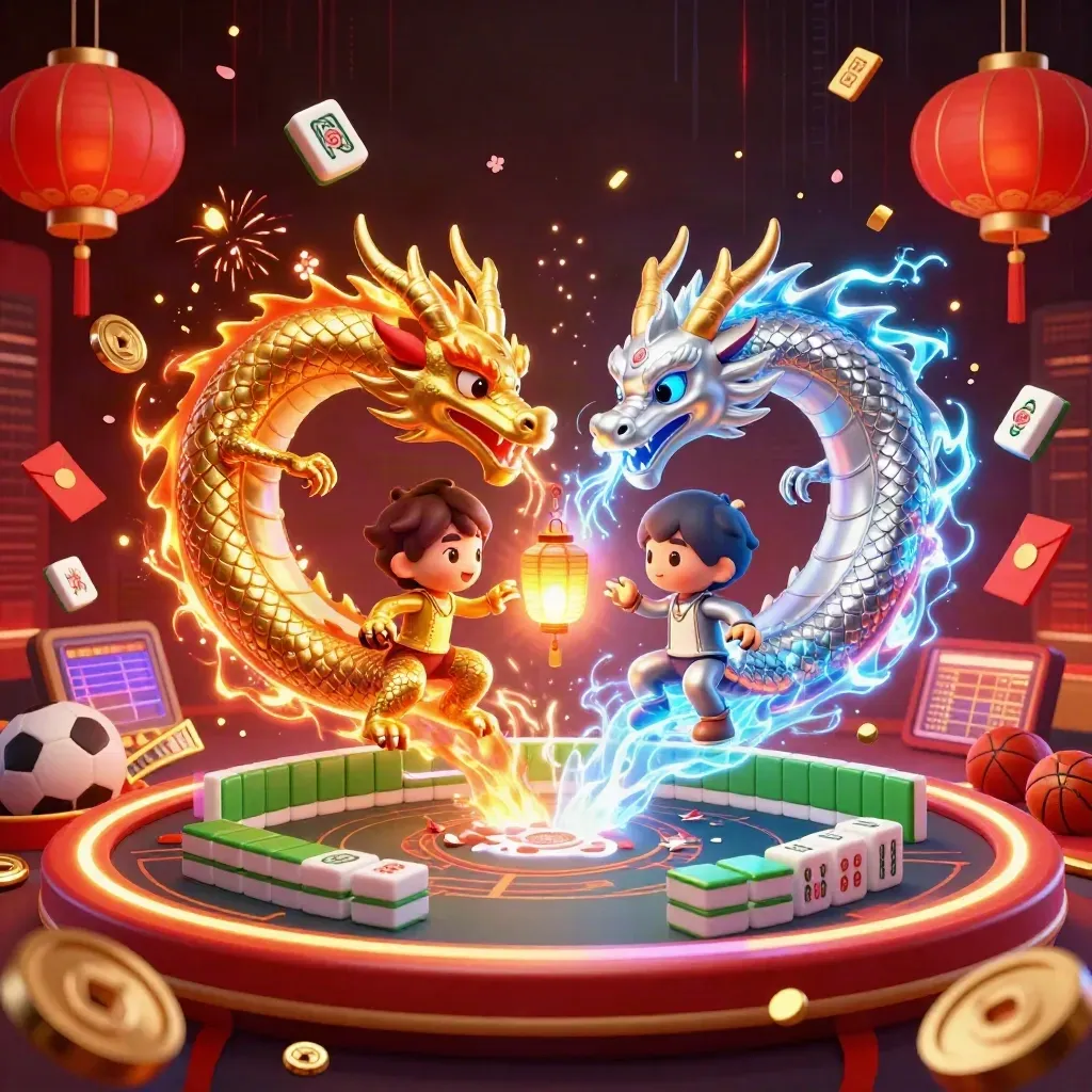 Two intertwined gold and silver dragons with casino and sports betting symbols on a dark neon backdrop.