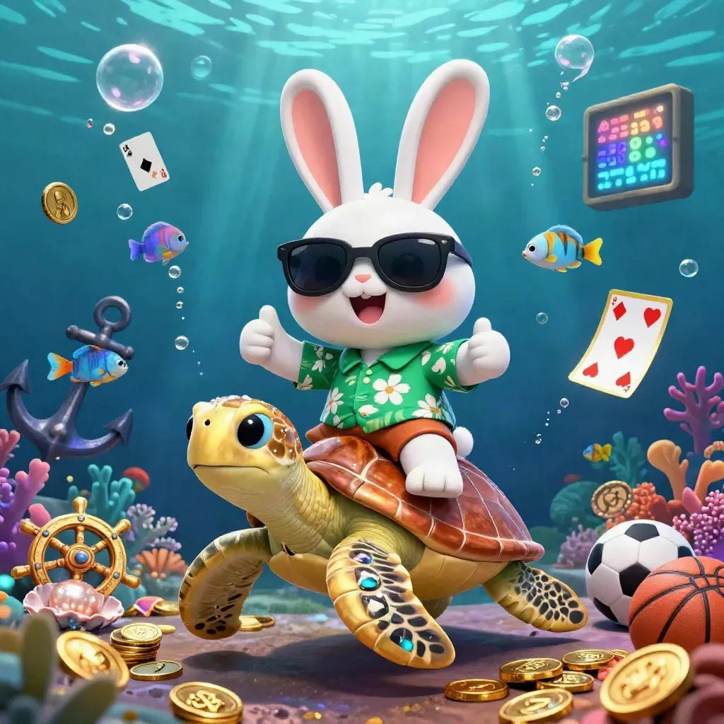 Lucky rabbit rides a golden turtle through a treasure cove with casino symbols and neon glow.