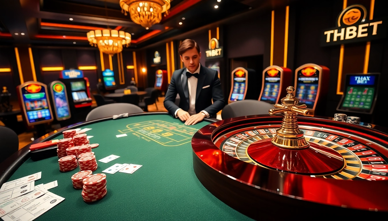 Engaging THA BET casino scene with vibrant gaming table, poker chips, and roulette wheel.