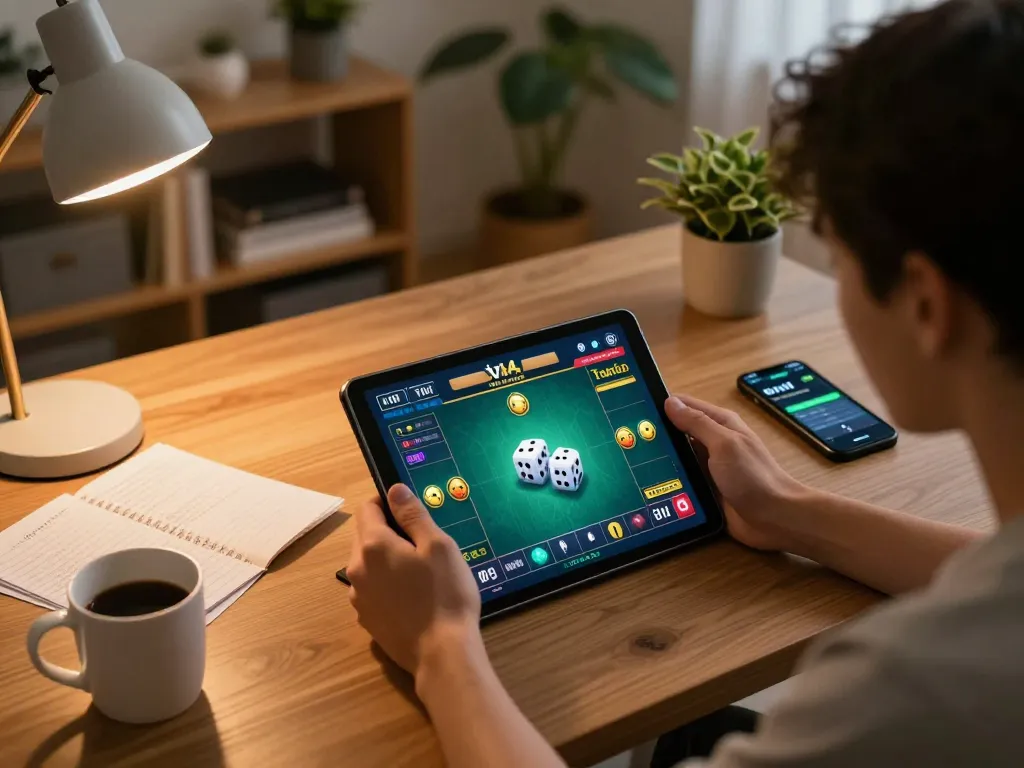 Engaging gameplay of tài xỉu online on tablet, showcasing strategic betting in a cozy home setup.