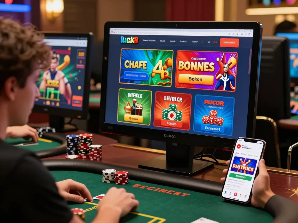 Luck8 gaming platform showcasing players enjoying diverse games on desktop and mobile in vibrant, inviting atmosphere.