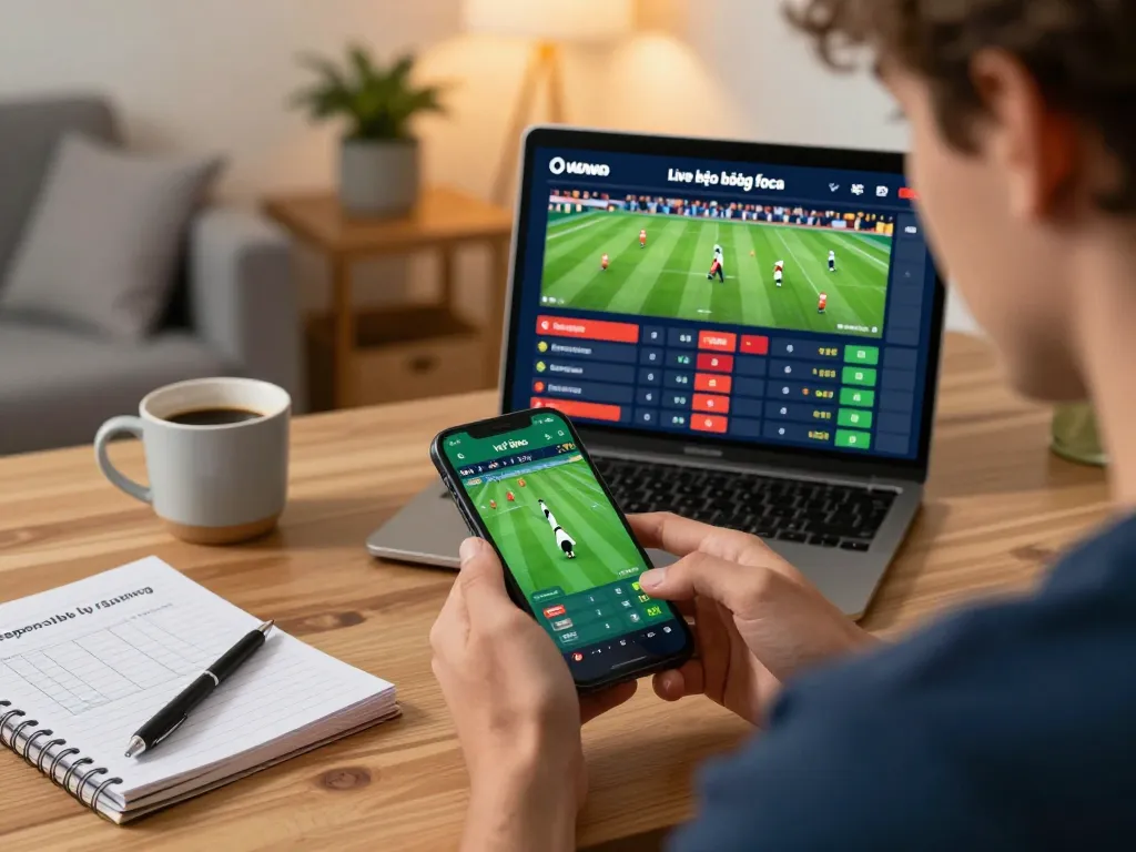 Engaging in kèo bóng đá betting through a smartphone at a stylish home office.