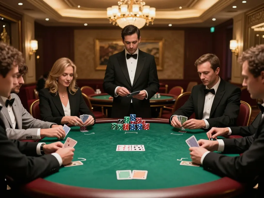 MB88 COM players strategizing during an upscale poker game, showcasing high-stakes competition with chips.