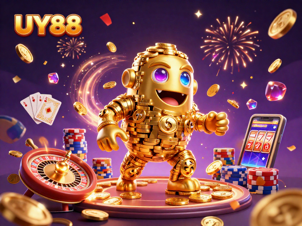 Experience the excitement of UY88 with dynamic casino elements and golden golem characters.