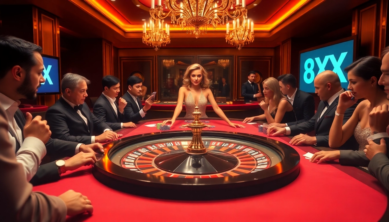 Glamorous casino experience featuring players at the 8XX roulette table, exuding excitement and professionalism.