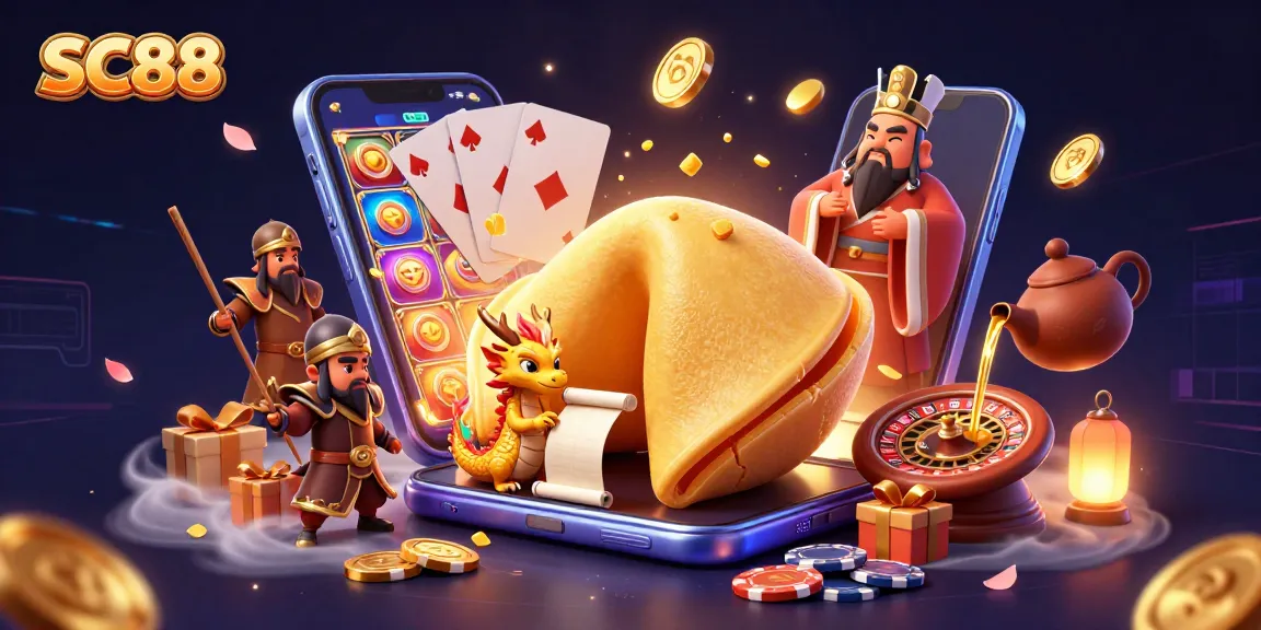 Engage in thrilling games at SC88 with dynamic visuals featuring dragons, fortune cookies, and fun gaming elements.