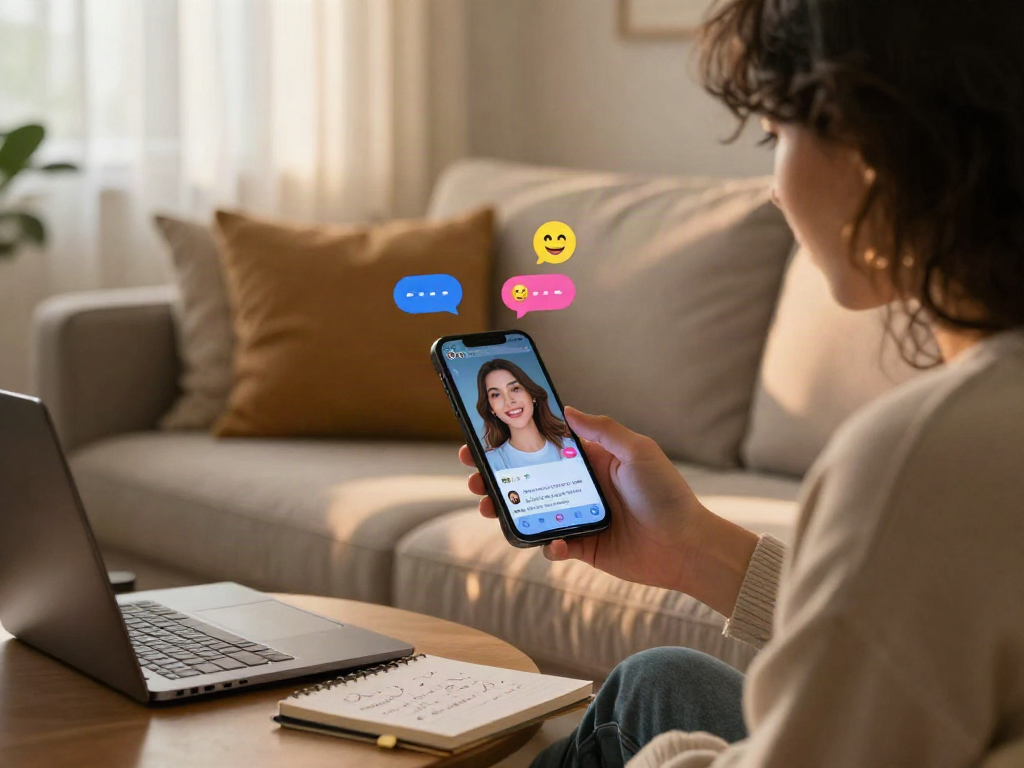 AI girlfriend interaction on smartphone in a cozy home setting.