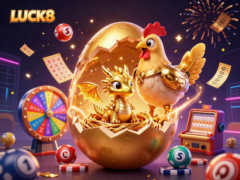 LUCK8 tạo ra không gian đánh bài sôi động với rồng vàng và nhiều bóng xổ số.
