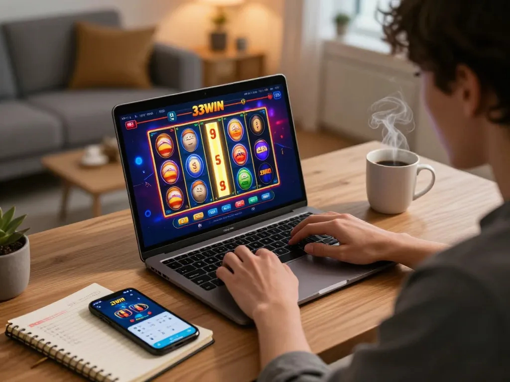 33WIN player enjoying an engaging online casino experience at home while managing their betting strategies.