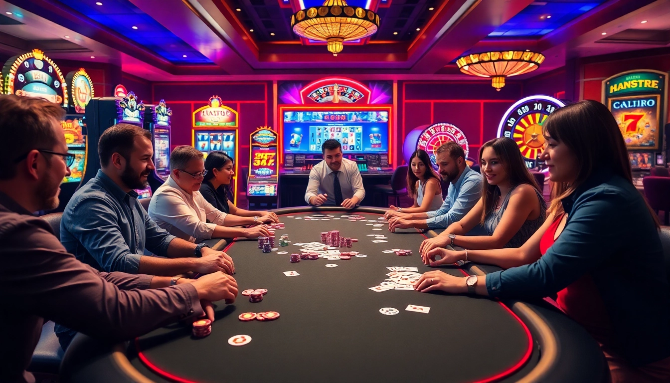 Engage in thrilling games at https://1mm888.com/, featuring a vibrant casino with poker tables and slot machines.
