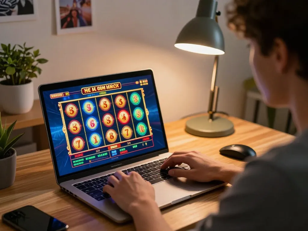 Experience online gambling with 678, featuring an engaging slot game on a modern laptop in a cozy home setting.