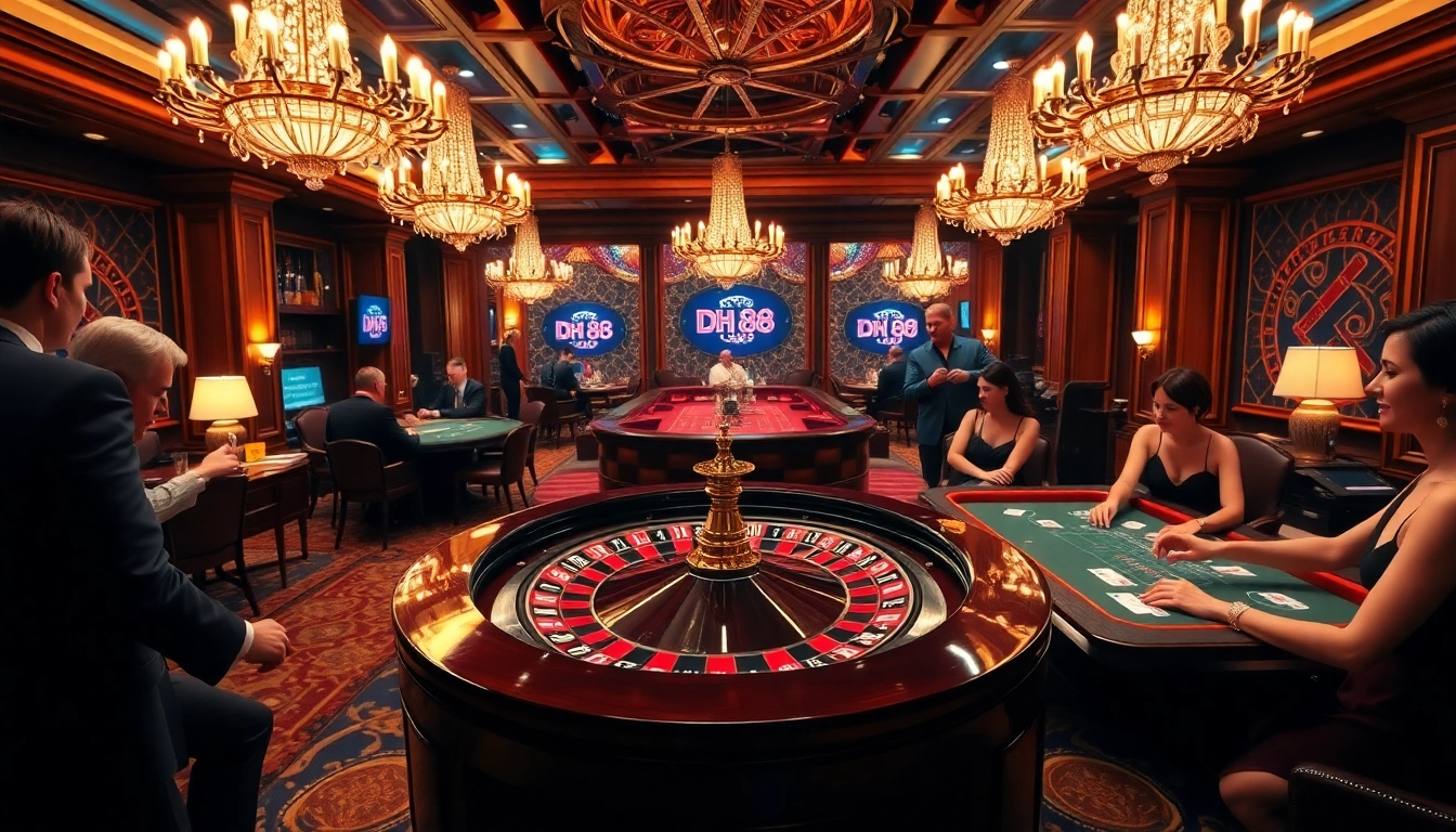 DH 88 themed roulette table surrounded by excited gamblers in a luxurious casino setting.