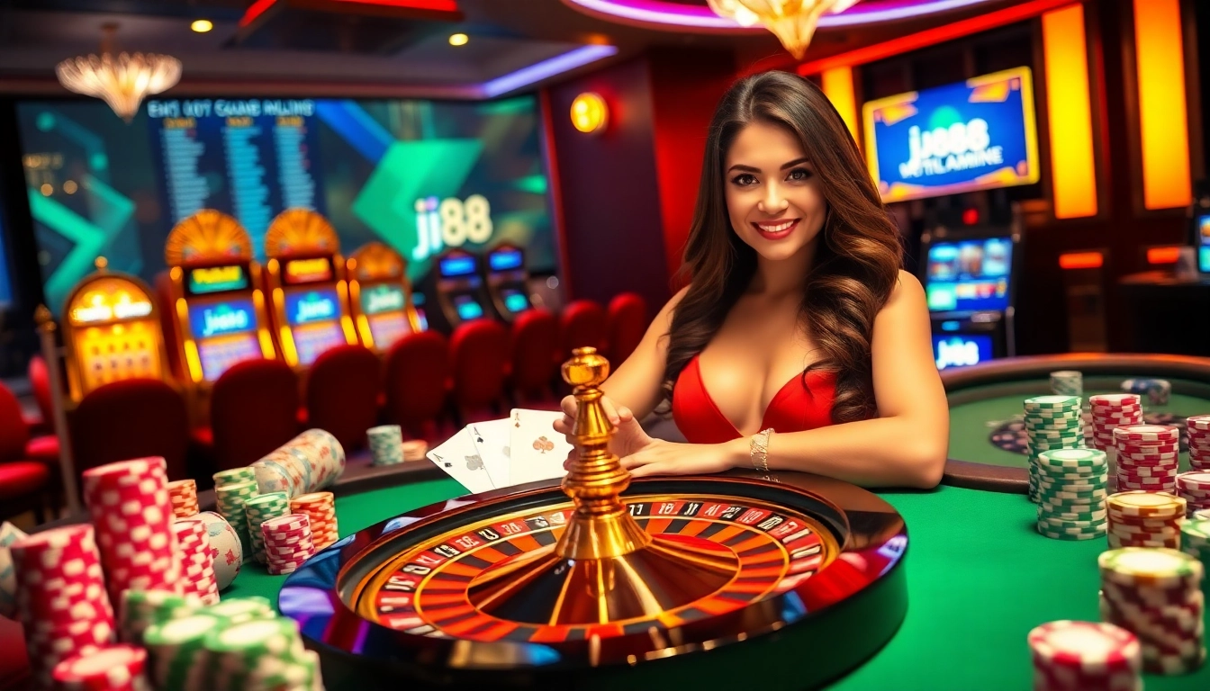 A lively casino atmosphere showcasing the excitement of jj88 with vibrant gambling elements and engaging players.