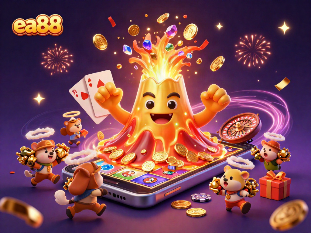 Win big at ea88 with a vibrant scene featuring a golden volcano, treasure, and casino games.
