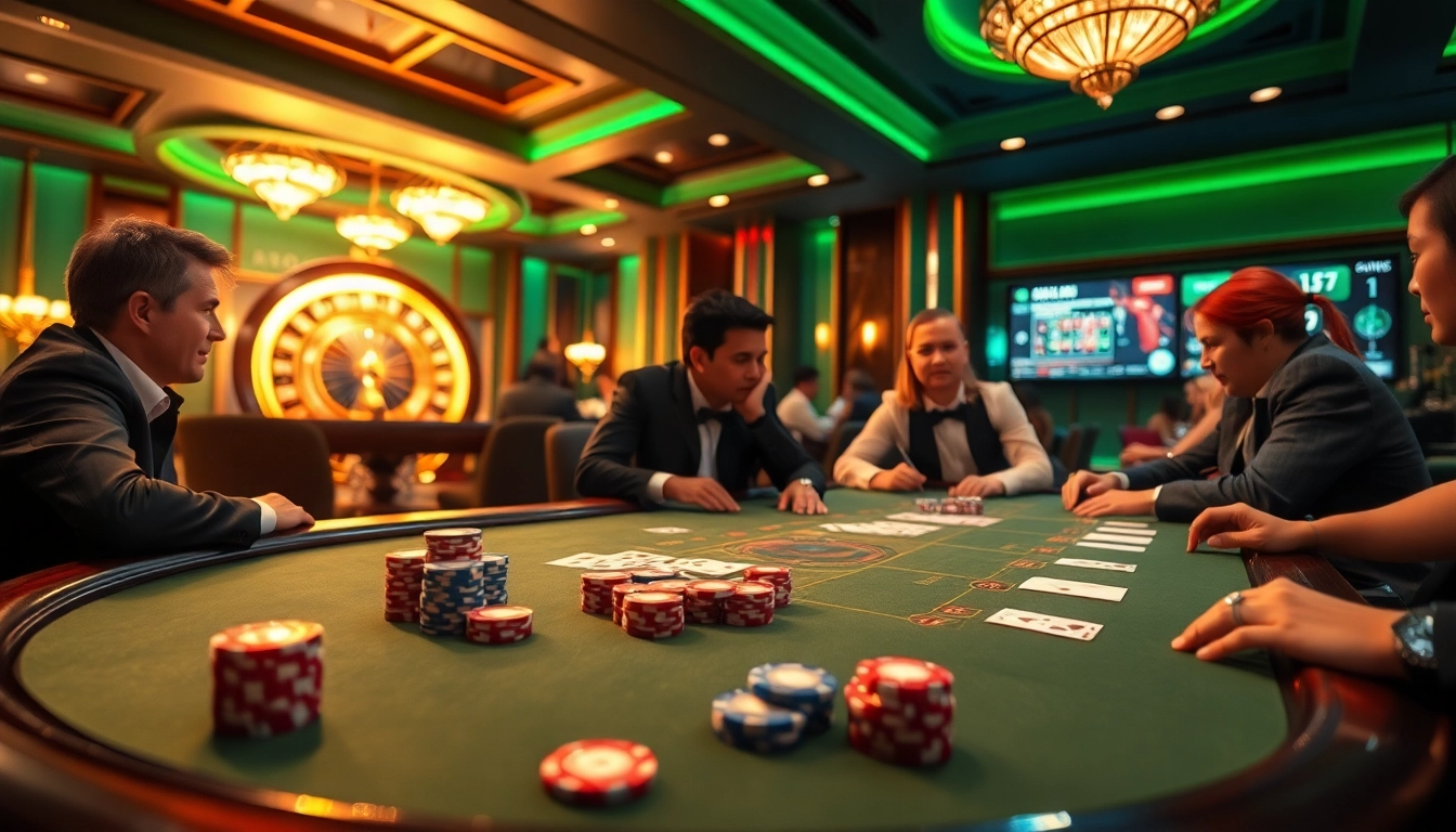 Engage in a thrilling poker match at TR88.golf casino, featuring vibrant chips and intense players.