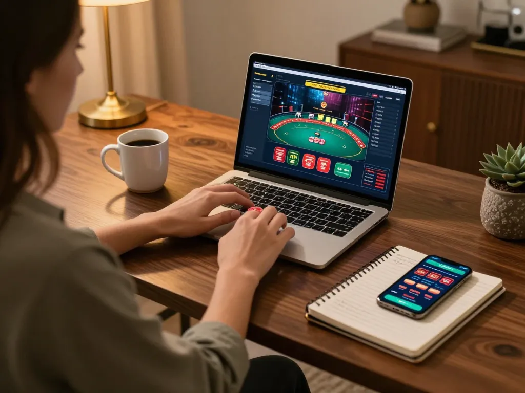 Enjoying online poker gameplay at home with hitclub casino app on laptop