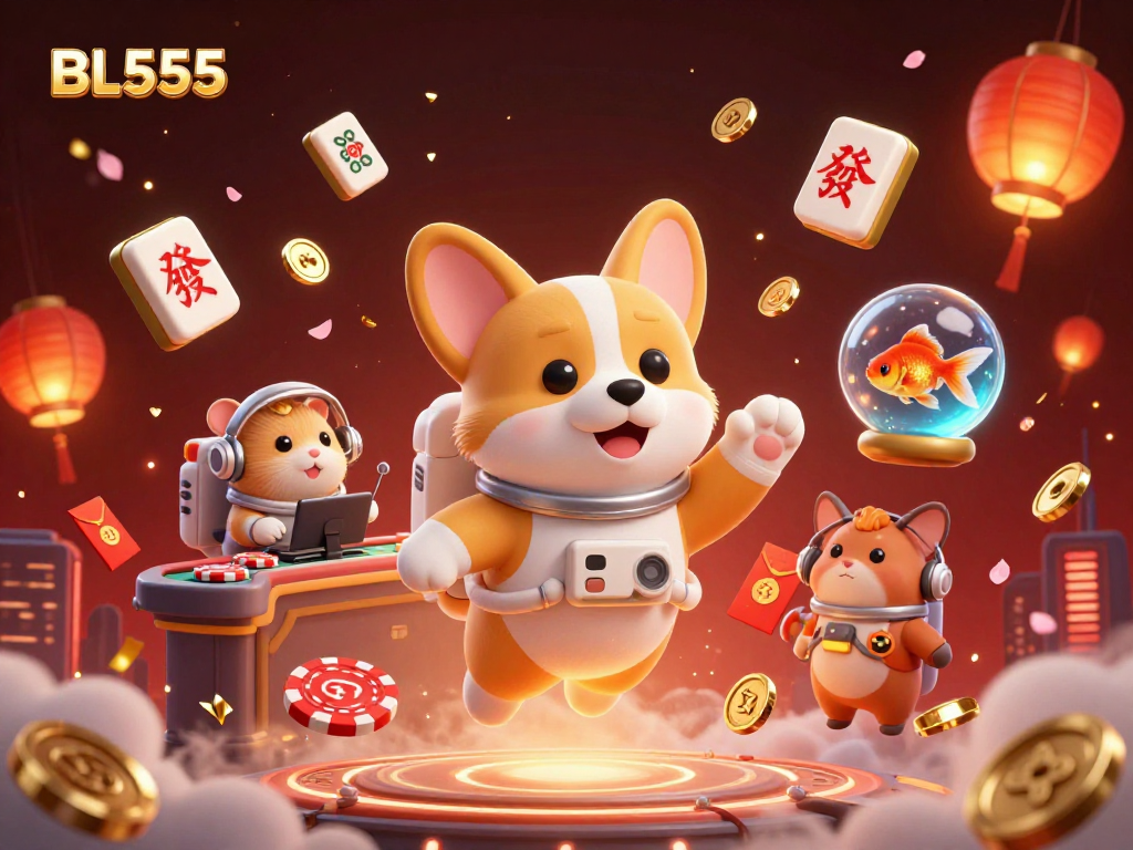 Experience immersive gaming at BL555 with floating casino elements and vibrant characters in action.