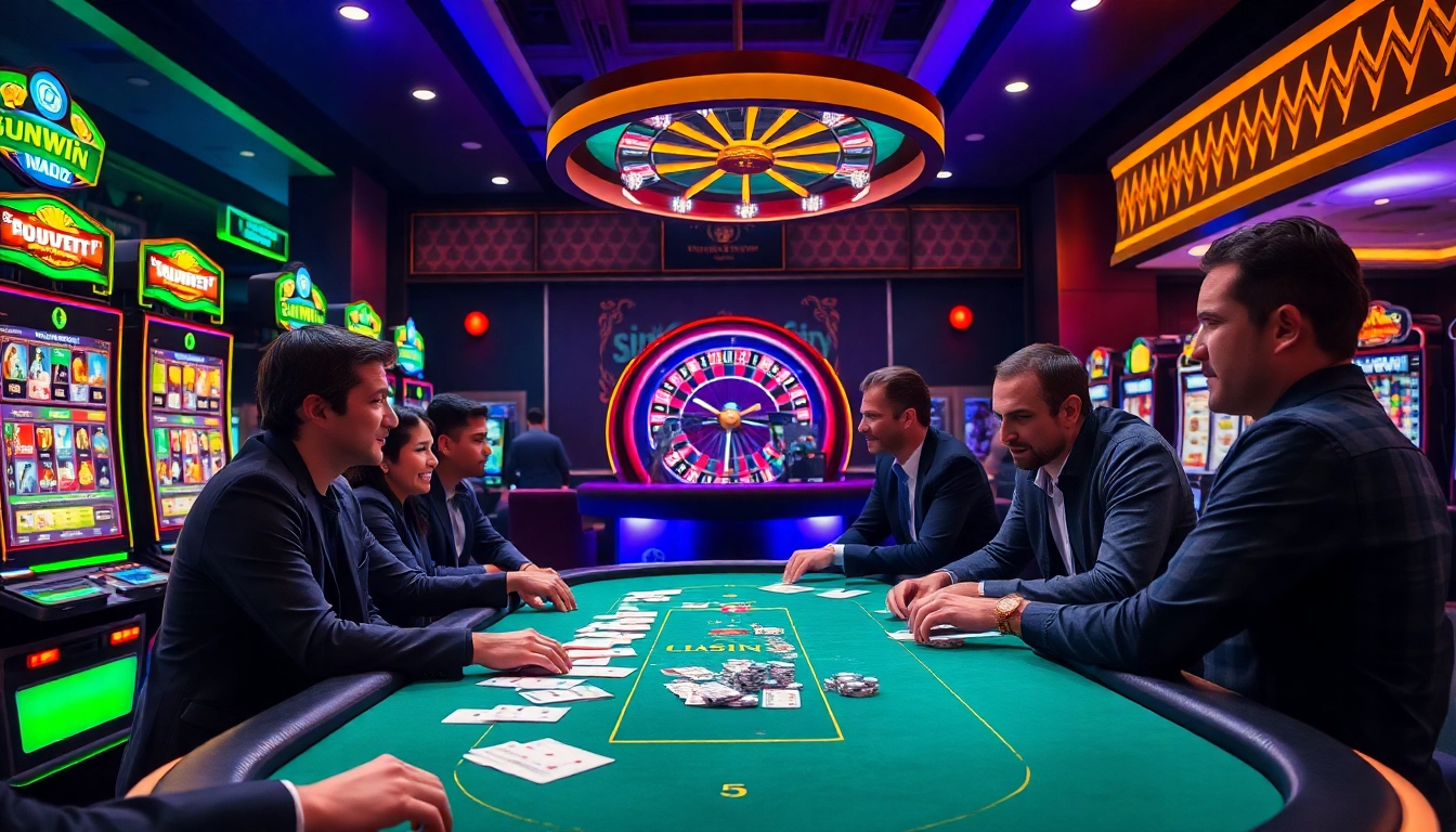 Experience the thrill of sunwin gaming at a vibrant casino table with poker and slots.