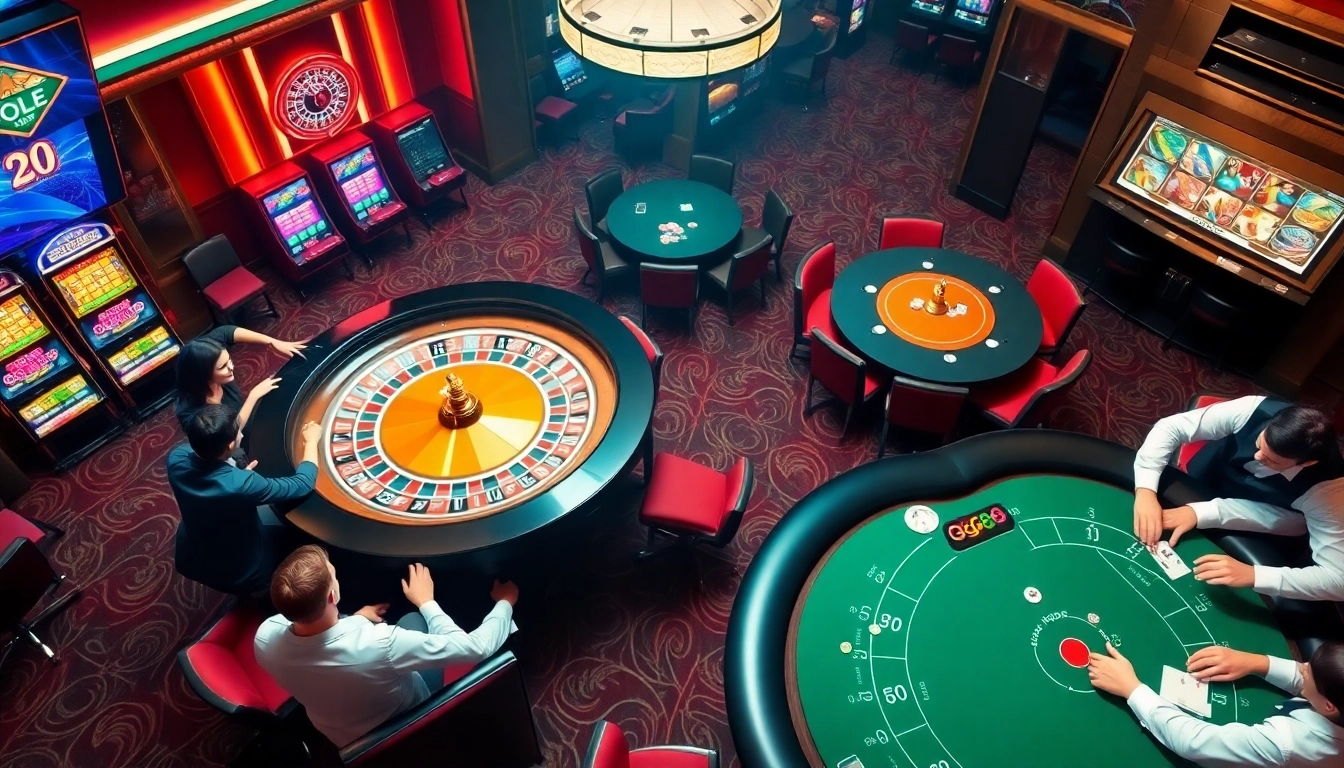 Engaging casino scene with players at the roulette table and vibrant slot machines representing https://gg88.biz/.