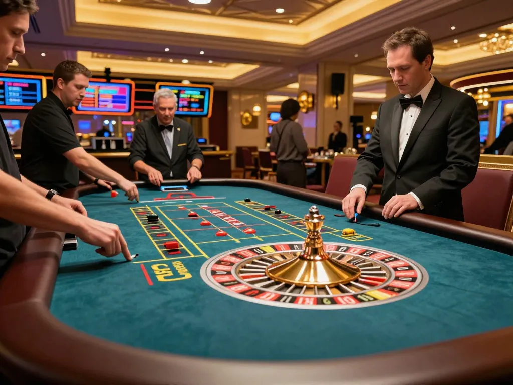 Players engage with live dealer at 123B roulette table, vibrant casino atmosphere.