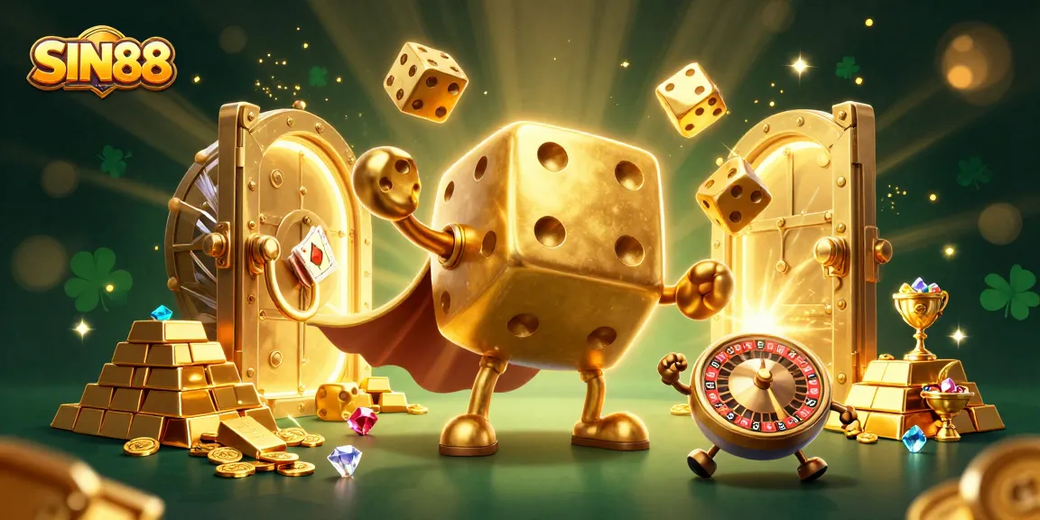 SIN88 showcases exhilarating golden dice golem and thrilling casino treasures in a vibrant 3D scene.