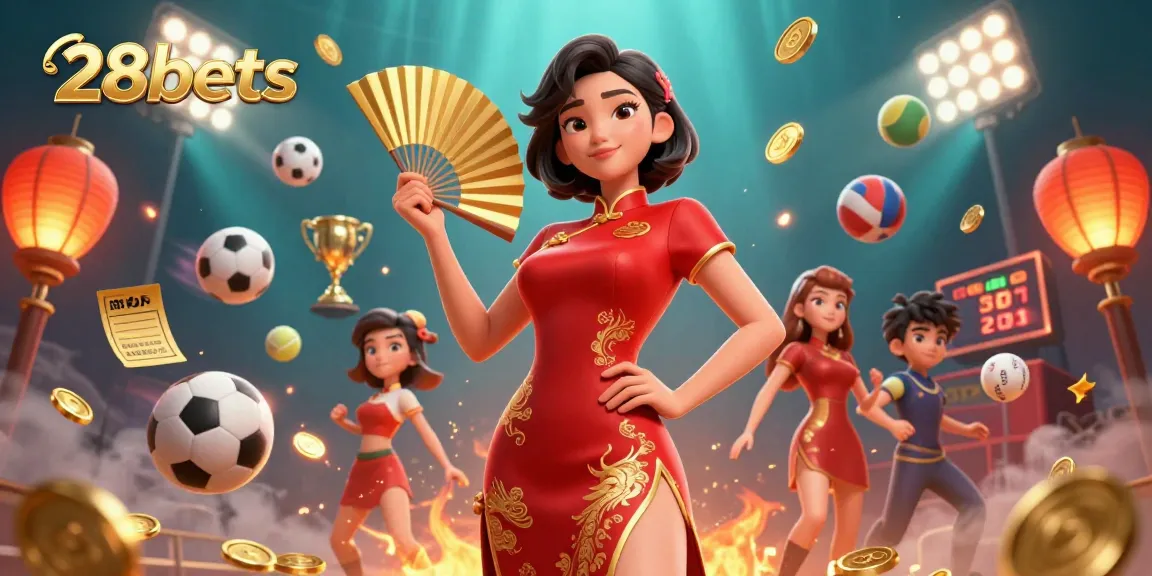 Experience thrilling bets with 28bets as a confident woman celebrates amidst dynamic sports elements.
