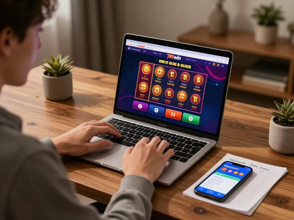 Engaging player strategizing with 789win online casino interface on laptop in a cozy setting.