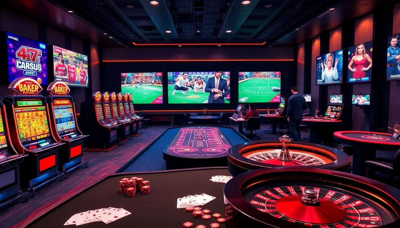 A lively online gambling scene at https://aa888bet.us/ showcasing vibrant slot machines and interactive poker tables.
