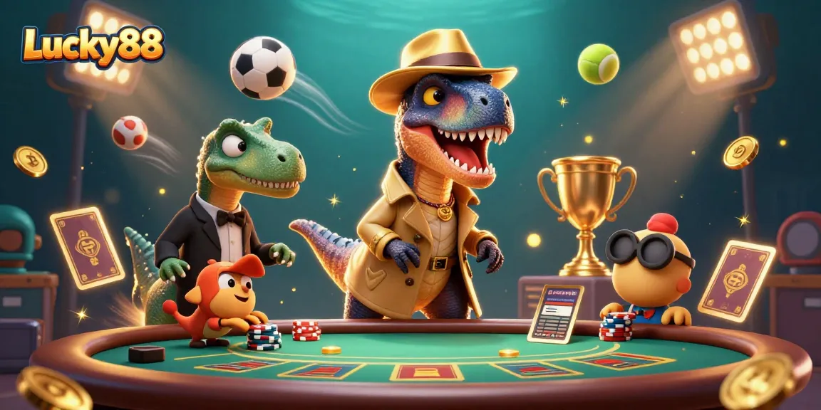 Experience Lucky88 gaming with a velociraptor at the blackjack table amidst flying sports elements.