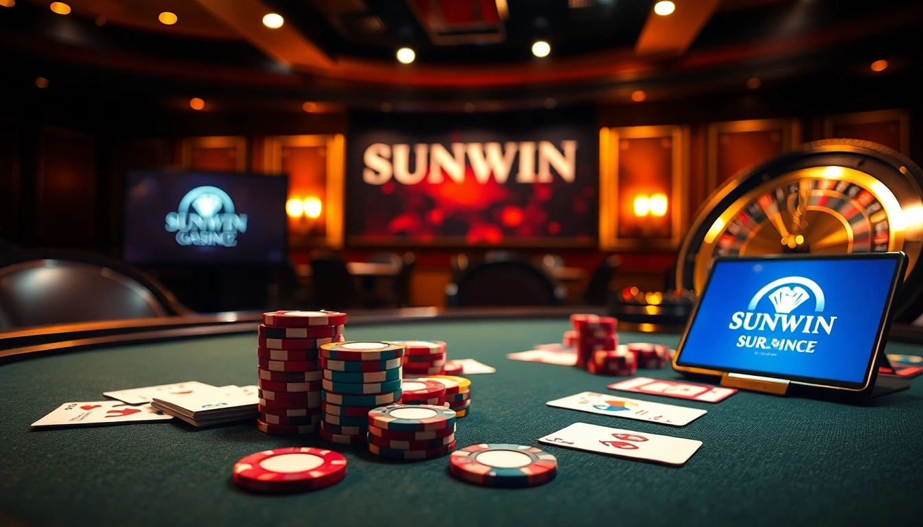 Experience high-stakes poker action at SUNWIN's elite casino with vibrant chips and cards.