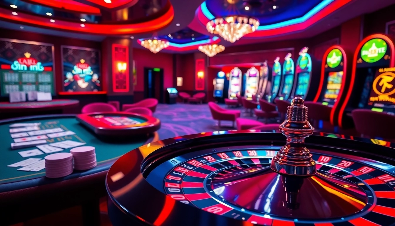 Experience the excitement of rikbet at a luxurious casino featuring a roulette wheel and slot machines.