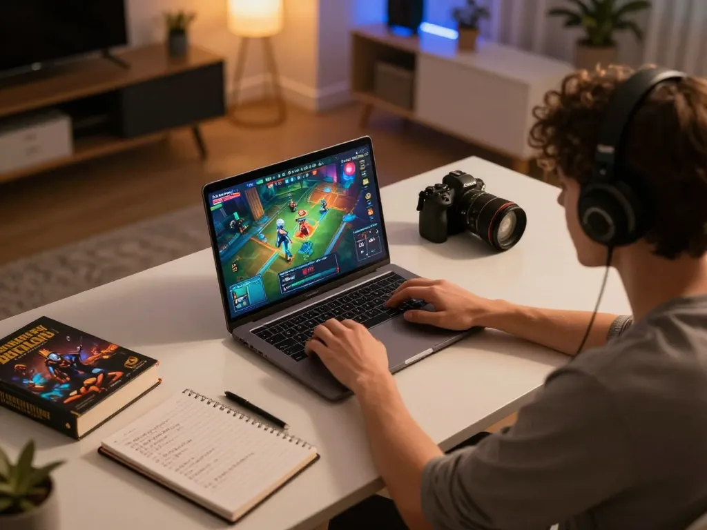 Player intensely focusing on game bài on laptop, showcasing strategic gameplay setup with notes