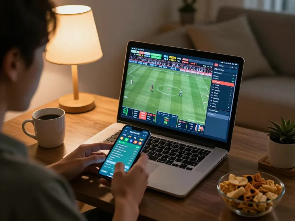 OnBet sports betting scene with focused player analyzing live odds and events in a cozy setting