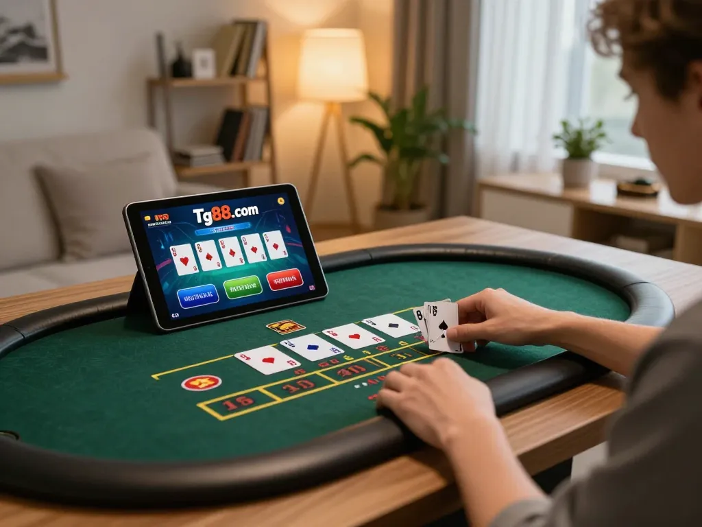 Player enjoying live casino gaming on Tg88.com with vibrant tablet display in a cozy home setting.