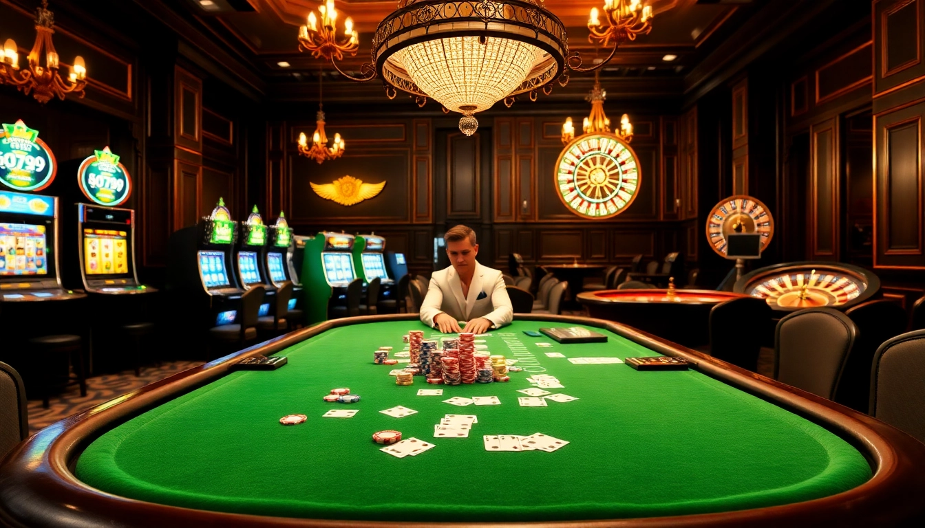 LC88 gaming table with colorful chips and cards in a luxurious casino setting.