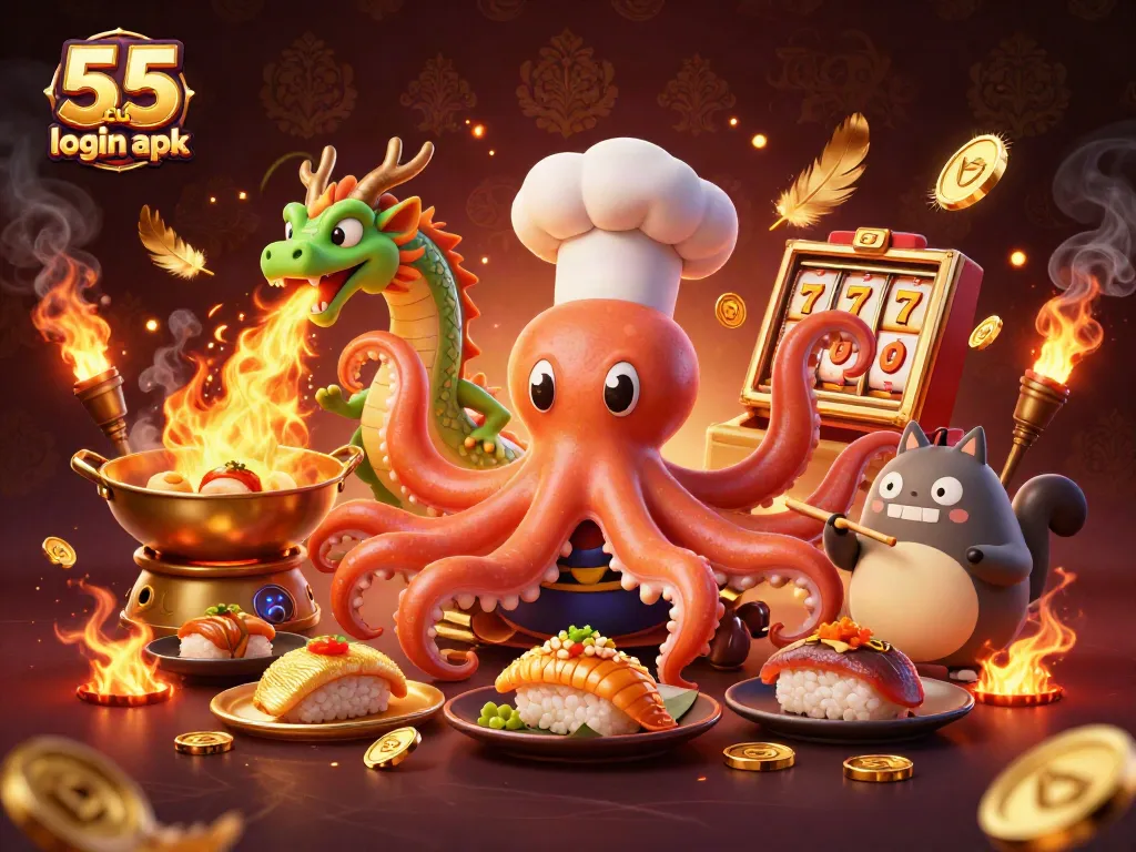Engage with 55 club login apk through a vibrant 3D gaming scene featuring slot elements and lively characters.