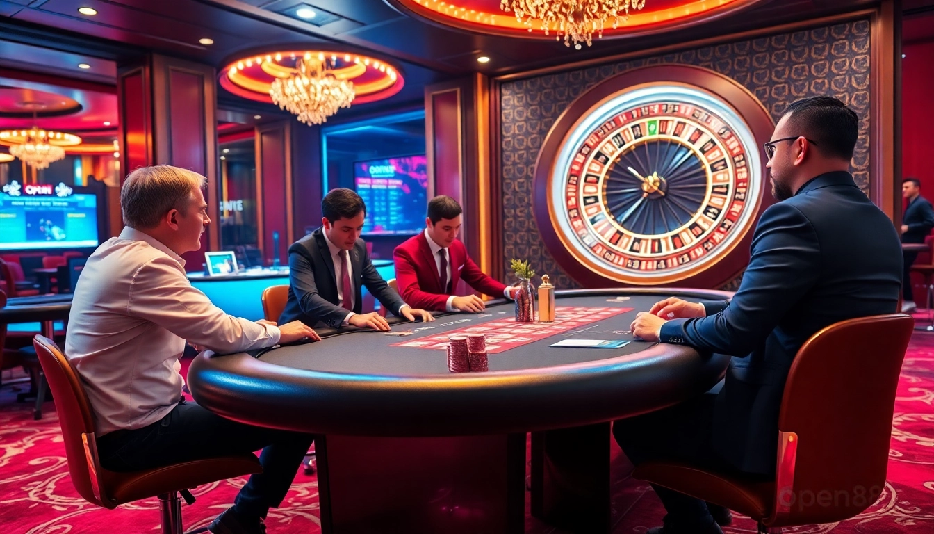 Engaged players at open88 eagerly manage their poker chips and cards in a luxurious casino setting.
